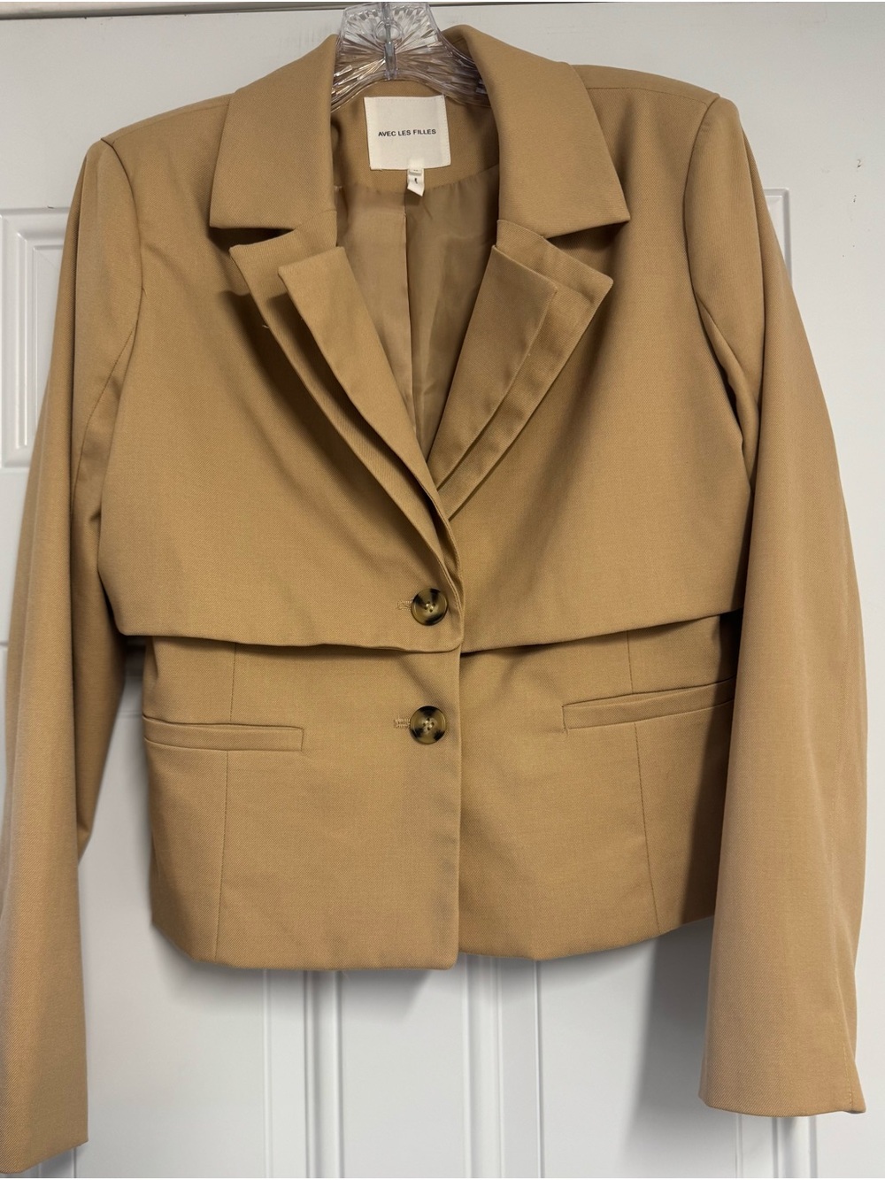 Avec Les Filles Cropped Camel Blazer Jacket Back Cinch/Belt Detail Double Collar